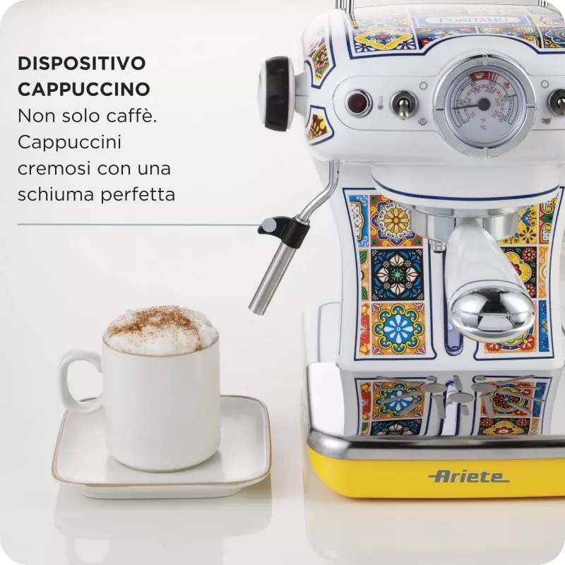 Ariete 1389 Positano cafetera, 850 W, capacidad del depósito 0,9 l, filtro para 1 o 2 tazas, bandeja recogegotas, espumador de leche