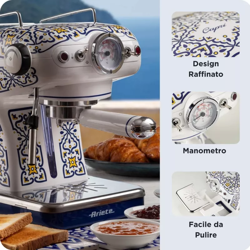 Ariete 1389 Capri cafetera, 850 W, capacidad del depósito 0,9 l, filtro para 1 o 2 tazas, bandeja recogegotas, espumador de leche