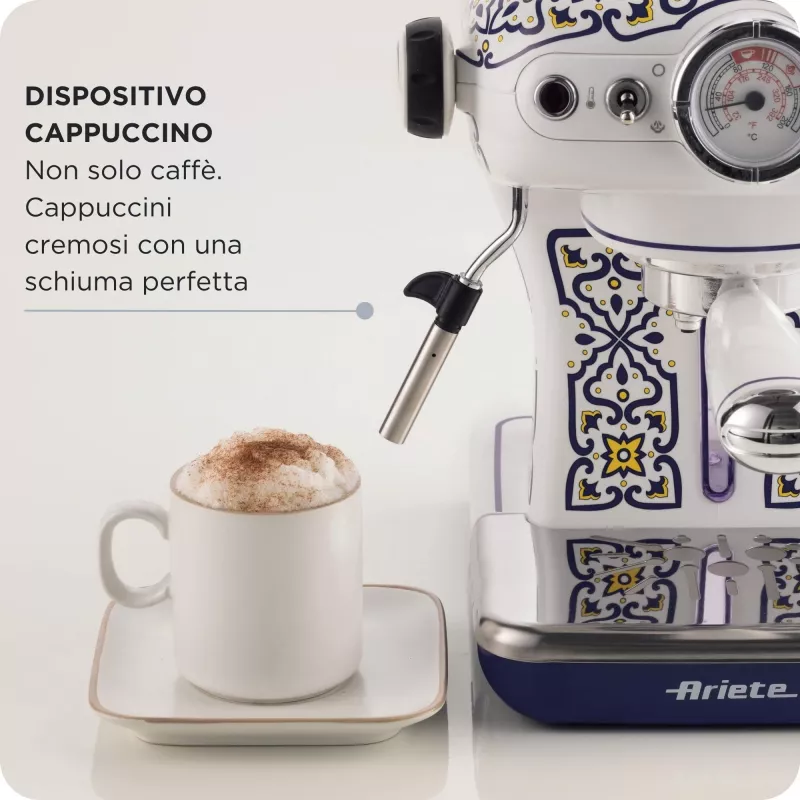 Ariete 1389 Capri cafetera, 850 W, capacidad del depósito 0,9 l, filtro para 1 o 2 tazas, bandeja recogegotas, espumador de leche