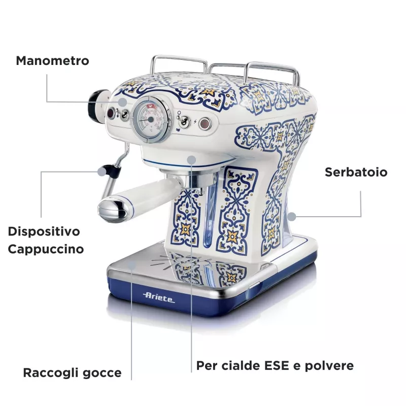 Ariete 1389 Capri cafetera, 850 W, capacidad del depósito 0,9 l, filtro para 1 o 2 tazas, bandeja recogegotas, espumador de leche