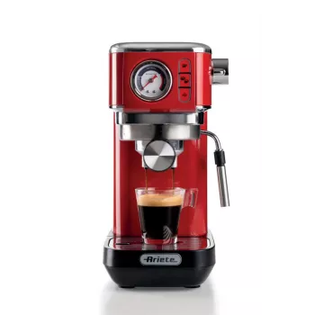Ariete Moderna Line 1381 cafetera con manómetro, apta para café molido y cápsulas ESE, 1300 W, capacidad 1,1 l, presión 15 bar, filtro para media taza, boquilla para cappuccino, rojo