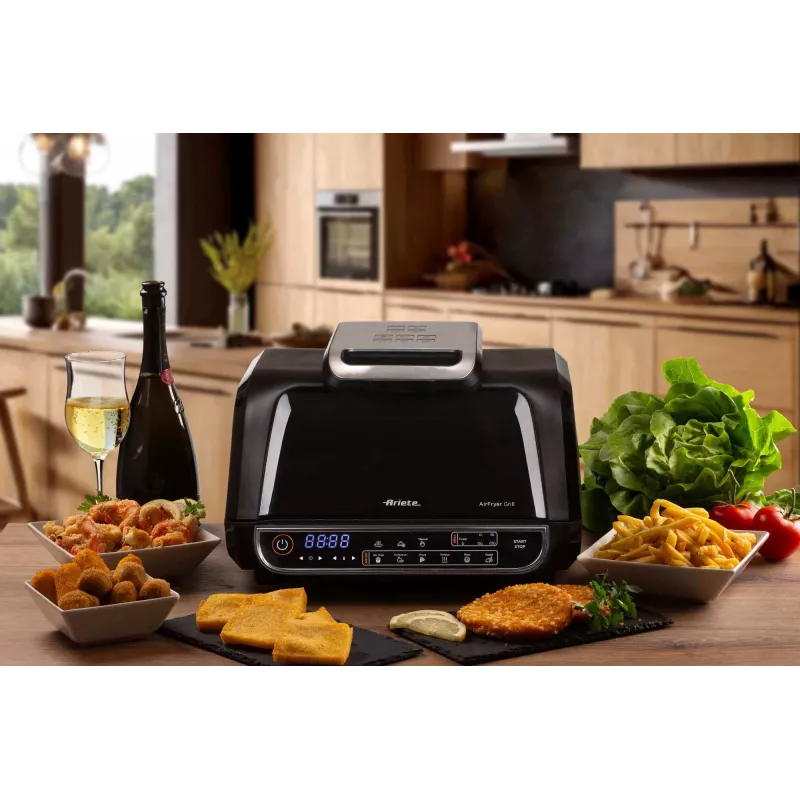Ariete 4635 Air Fryer Grill, freidora de aire y grill, parrilla para steak, 1700 W, capacidad 8 l, freír y asar, 8 funciones de cocción, temporizador, negro