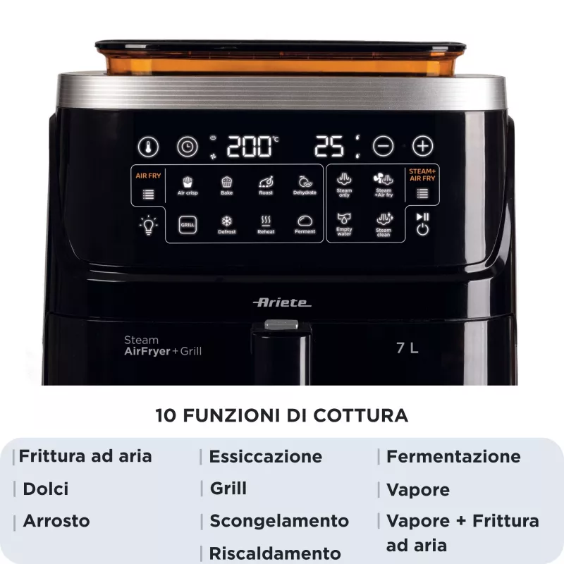 Ariete 4636 freidora de aire con función de vapor + grill, 1700W, función deshidratar, 10 funciones de cocción, cesta transparente, temporizador, negro