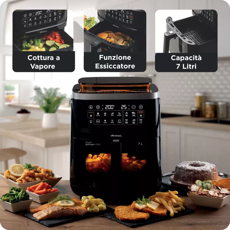 Ariete 4636 freidora de aire con función de vapor + grill, 1700W, función deshidratar, 10 funciones de cocción, cesta transparente, temporizador, negro