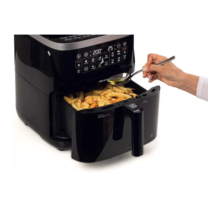 Ariete 4636 freidora de aire con función de vapor + grill, 1700W, función deshidratar, 10 funciones de cocción, cesta transparente, temporizador, negro