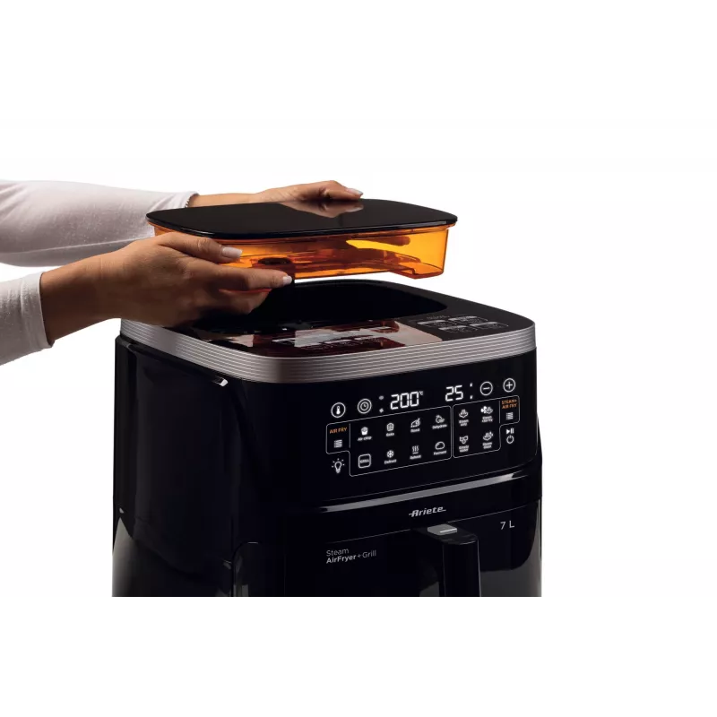 Ariete 4636 freidora de aire con función de vapor + grill, 1700W, función deshidratar, 10 funciones de cocción, cesta transparente, temporizador, negro