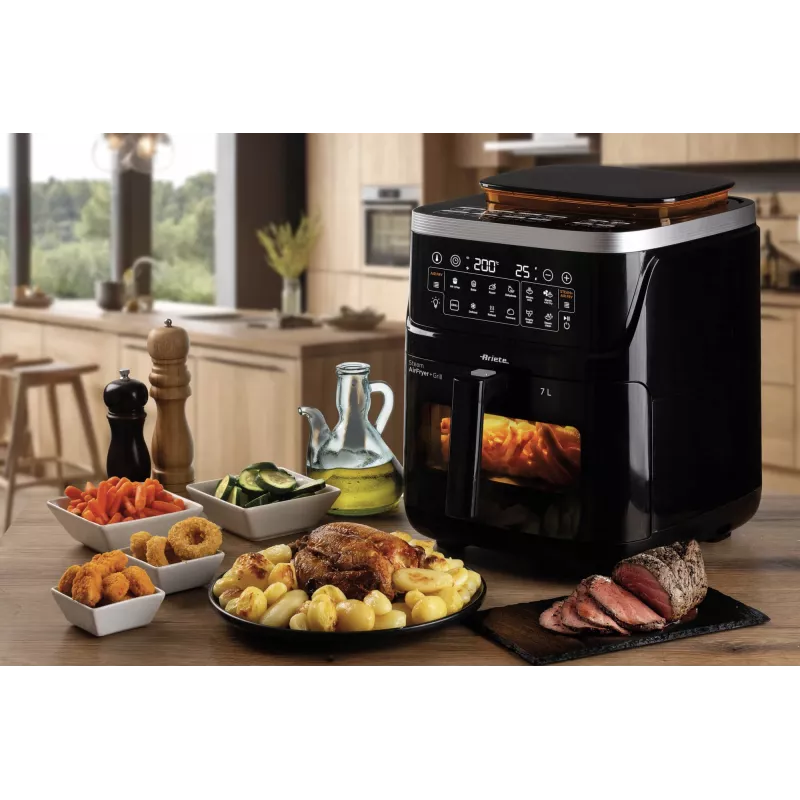 Ariete 4636 freidora de aire con función de vapor + grill, 1700W, función deshidratar, 10 funciones de cocción, cesta transparente, temporizador, negro