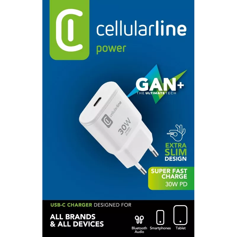 Cellularline GAN Wall Charger USB-C 30W PD USB-C 30W PD cargador de pared con tecnología GaN