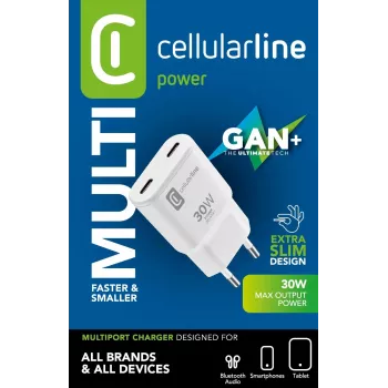 Cellularline GAN cargador de pared 2xUSB-C 30W PD cargador de pared 2xUSB-C 30W PD con tecnología GaN
