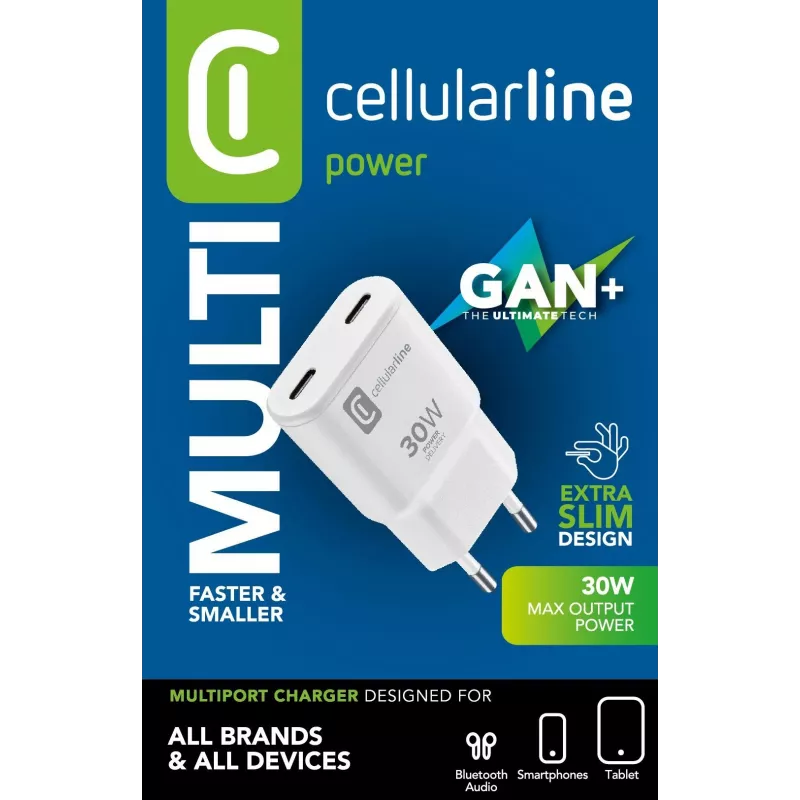 Cellularline GAN cargador de pared 2xUSB-C 30W PD cargador de pared 2xUSB-C 30W PD con tecnología GaN