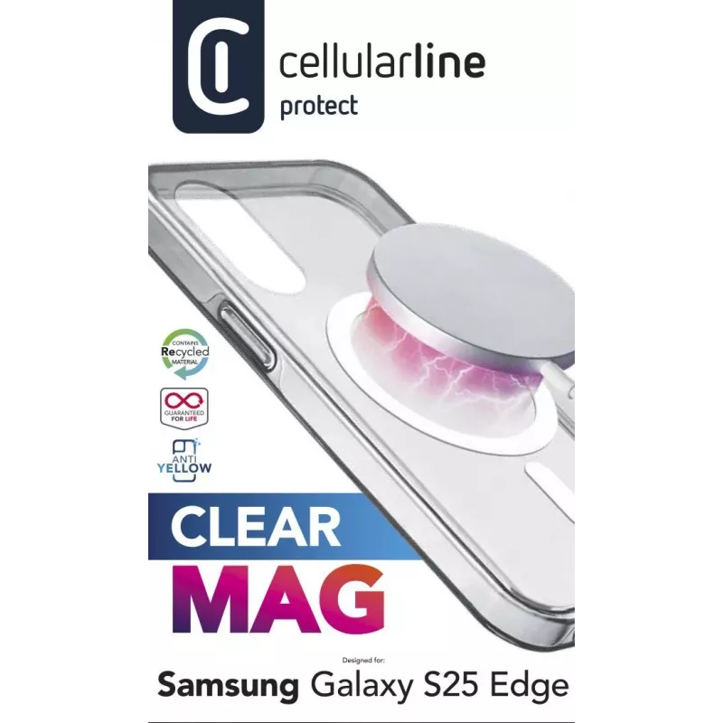 Cellularline Clear Mag - Galaxy S25 Edge funda transparente ultrarresistente con borde de goma, compatible con el ecosistema Qi2 y accesorios magnéticos, tratada contra el amarilleo.