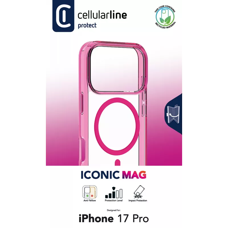 Cellularline Iconic Mag - iPhone 17 Pro funda transparente con bordes de color, compatible con el ecosistema MagSafe