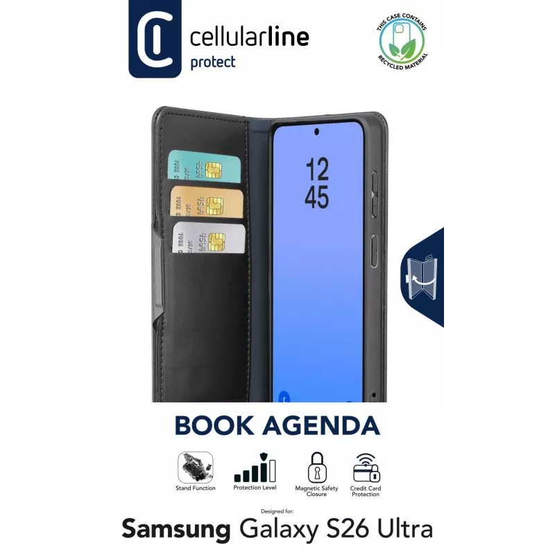 Cellularline Book Agenda - Galaxy S26 Ultra funda tipo libro con acabado de piel sintética, cierre magnético, protección RFID y función de soporte