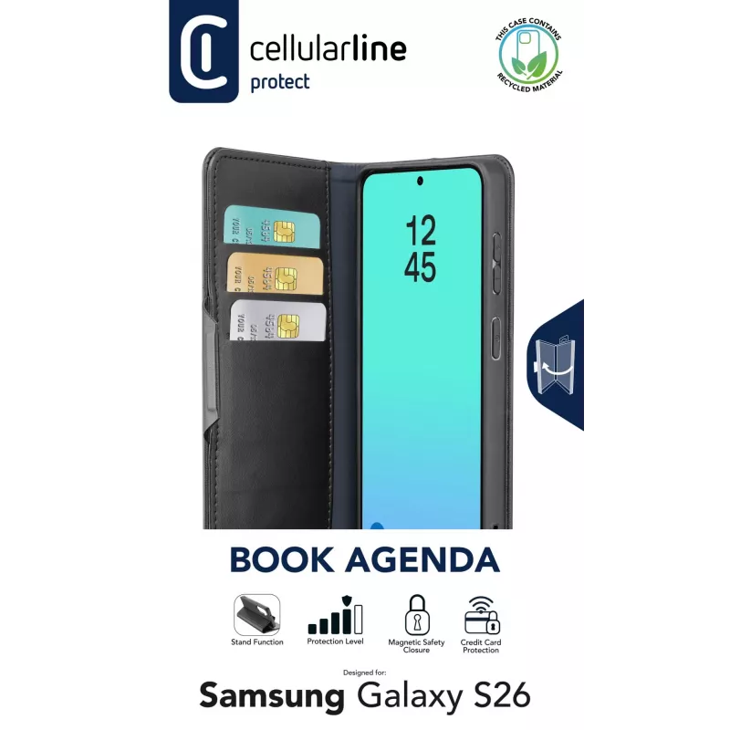 Cellularline Book Agenda - Galaxy S26 funda tipo libro con acabado de piel sintética, cierre magnético, protección RFID y función de soporte.