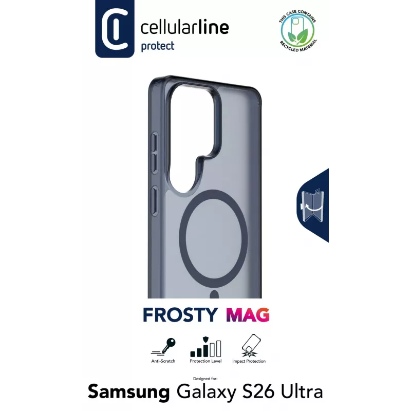 Cellularline FROSTY MAG - Galaxy S26 Ultra funda semitransparente con superficie mate y bordes de color, compatible con el ecosistema Qi2 y accesorios magnéticos para Samsung.