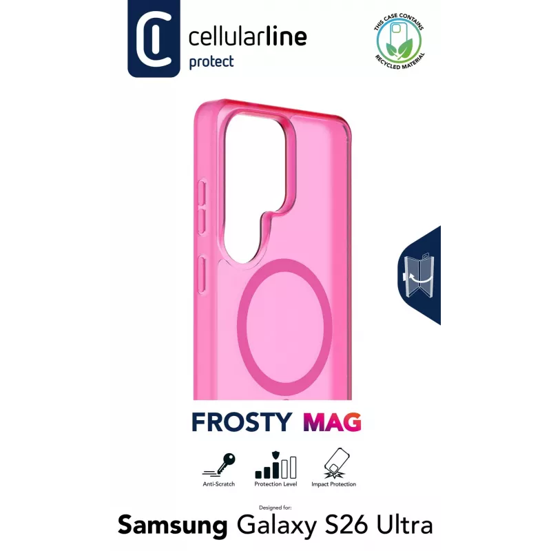 Cellularline FROSTY MAG - Galaxy S26 Ultra funda semitransparente con superficie mate y bordes de color, compatible con el ecosistema Qi2 y accesorios magnéticos para Samsung.