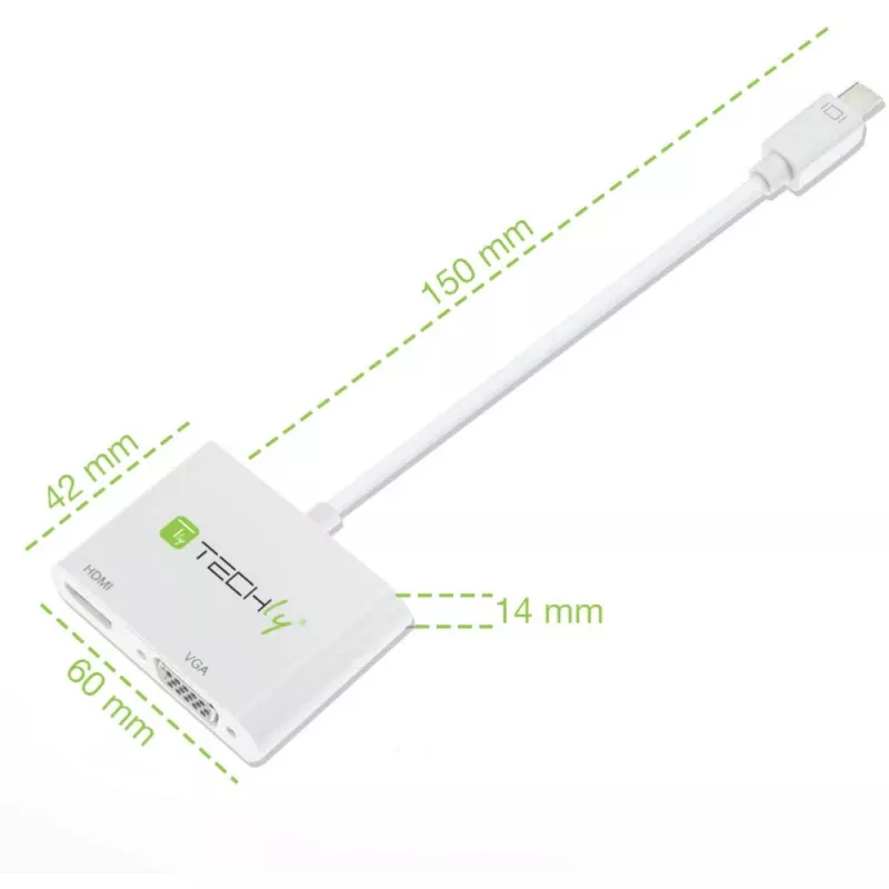 Techly Adaptador Mini DisplayPort a HDMI/VGA, 0,15 m, Mini DisplayPort, HDMI + VGA (D-Sub), Conector macho, Conector hembra, 1920 x 1200 píxeles
