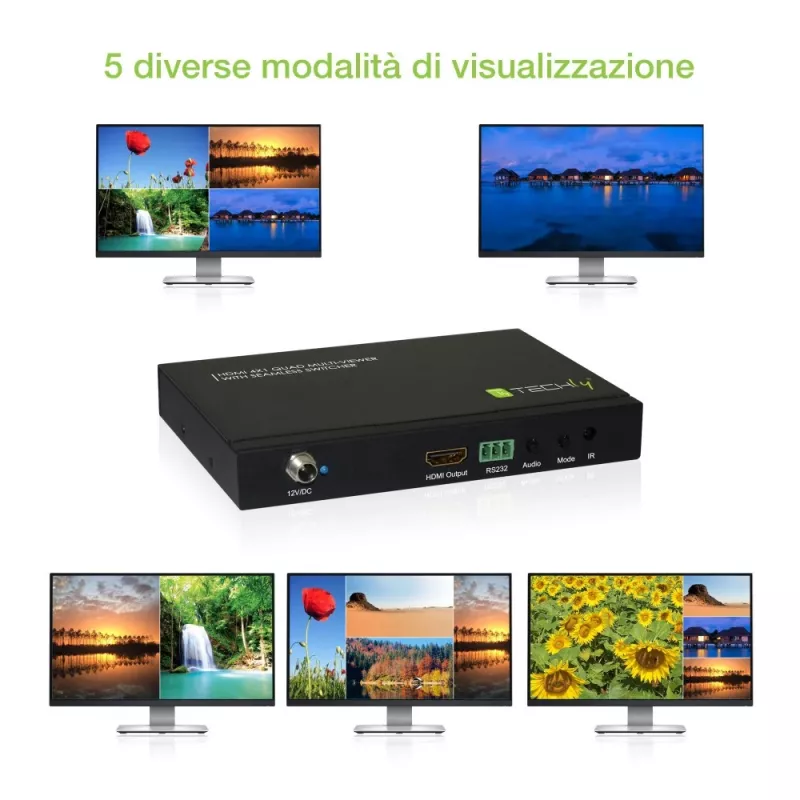 Techly Multivisor HDMI 4x1 con conmutador sin interrupciones, HDMI, Metal, Negro, 60 Hz, 1080p, 2,25 Gbit/s