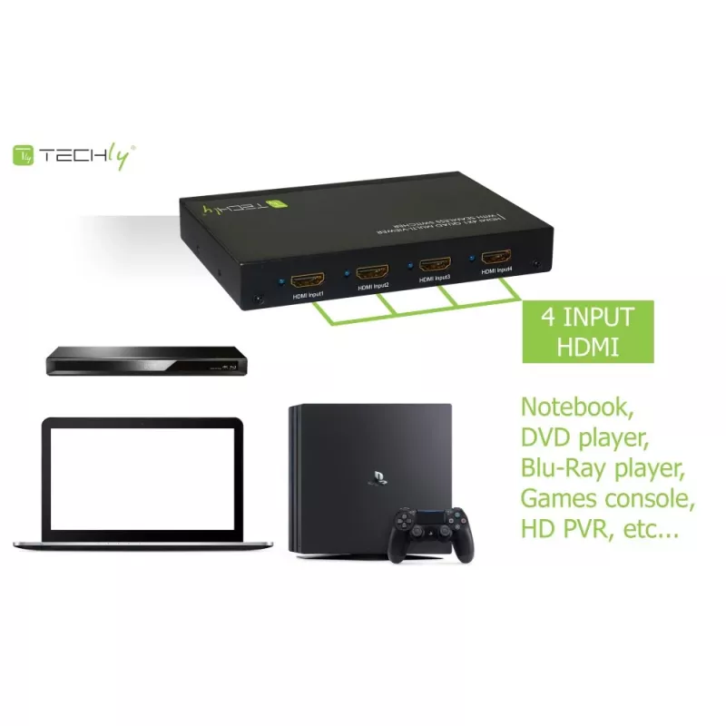 Techly Multivisor HDMI 4x1 con conmutador sin interrupciones, HDMI, Metal, Negro, 60 Hz, 1080p, 2,25 Gbit/s