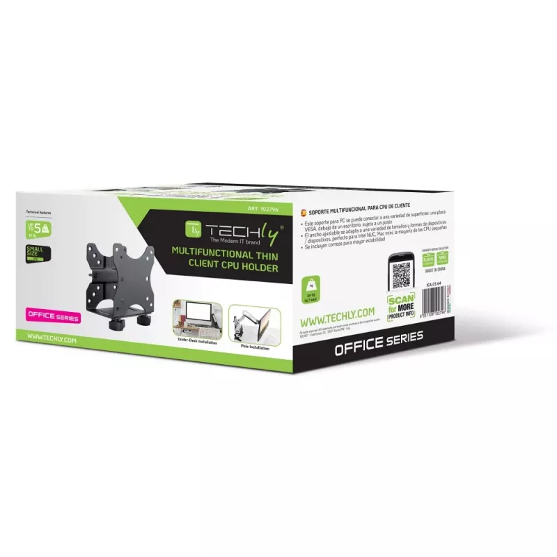 Techly Soporte ajustable para CPU bajo el escritorio, 5 kg, 75 x 75 mm, 100 x 100 mm, Negro