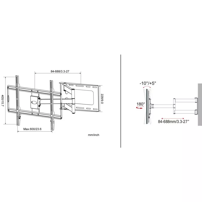 Techly soporte de pared fino para TV LCD LED 32-70 inch negro, 81,3 cm (32 inch), 177,8 cm (70 inch), 45 kg, 600 x 400 mm, -10 - 5°, negro