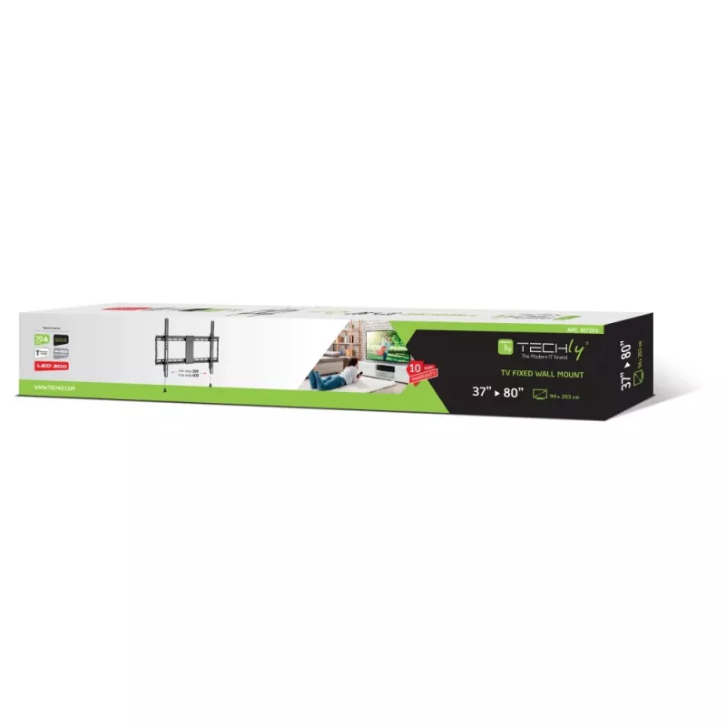 Techly soporte de pared fijo para TV LED LCD 37-80 inch, 94 cm (37 inch), 2,03 m (80 inch), 70 kg, 200 x 200 mm, 600 x 400 mm, negro