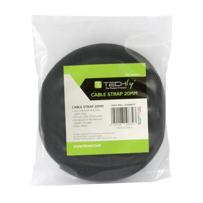 Techly rollo de cinta de velcro para gestión de cables longitud 10 m ancho 20 mm negro