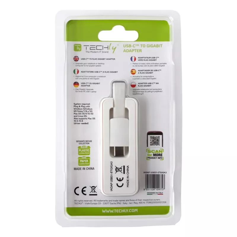 Techly Adaptador de USB 3.1 Type-C a RJ45 Gigabit Ethernet, blanco