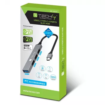 Techly IUSB32-HUB4C-3U2SLS estación de acoplamiento/replicador de puertos con cable USB 3.2 Gen 1 (3.1 Gen 1) Type-C gris