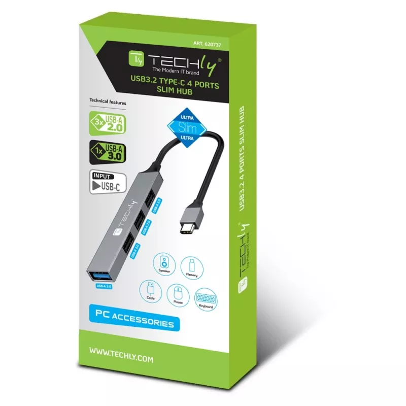 Techly IUSB32-HUB4C-3U2SLS estación de acoplamiento/replicador de puertos con cable USB 3.2 Gen 1 (3.1 Gen 1) Type-C gris