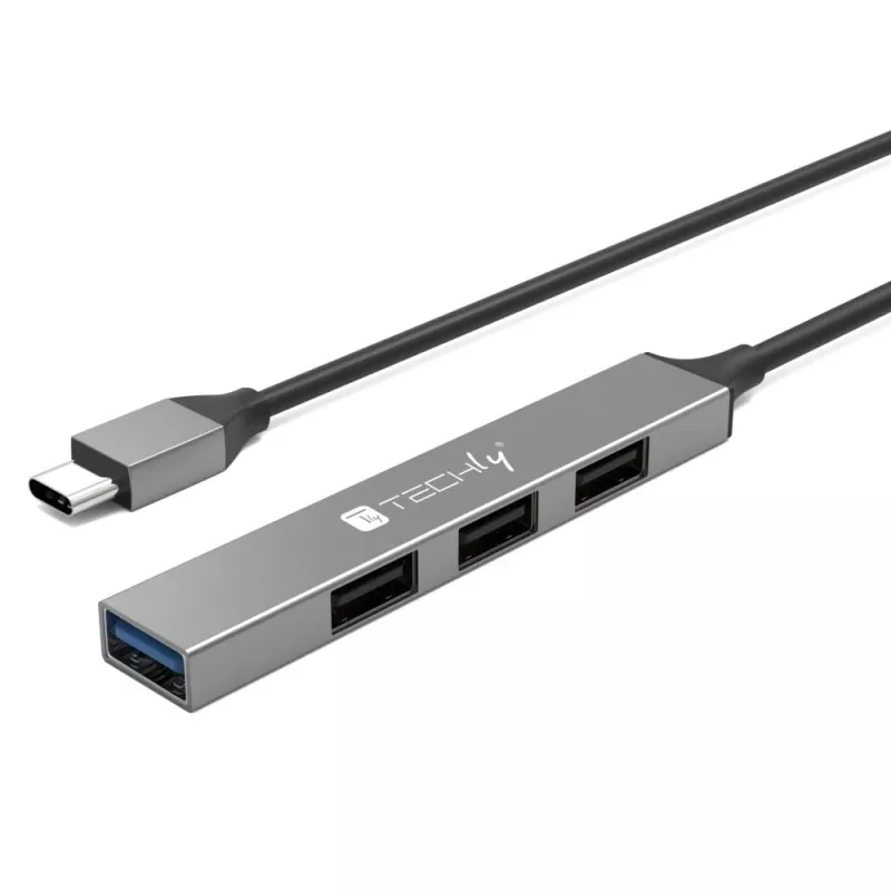 Techly IUSB32-HUB4C-3U2SLS estación de acoplamiento/replicador de puertos con cable USB 3.2 Gen 1 (3.1 Gen 1) Type-C gris