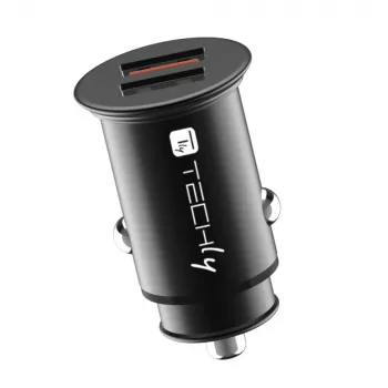 Techly mini cargador de coche 2 puertos USB-A Quick Charge 3.0 36W en negro metal