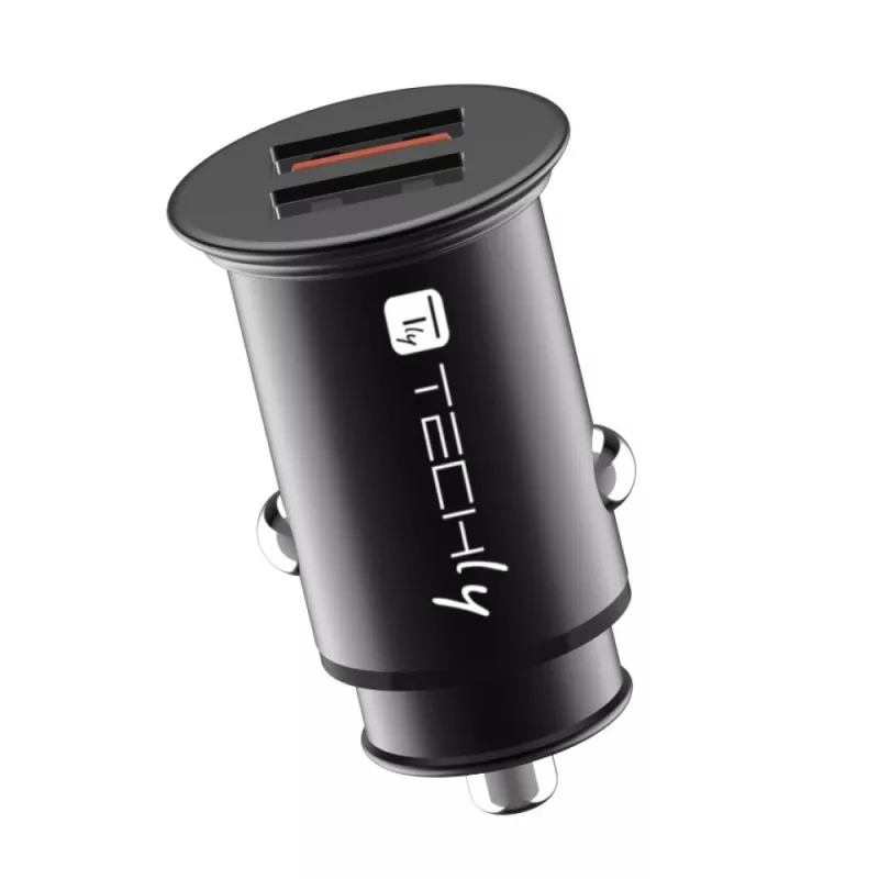 Techly mini cargador de coche 2 puertos USB-A Quick Charge 3.0 36W en negro metal