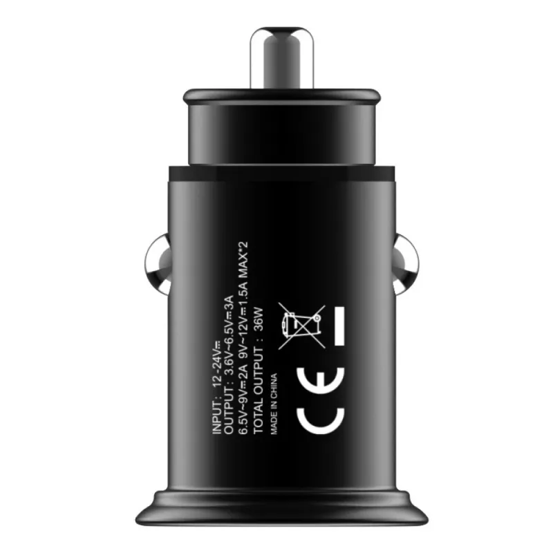 Techly mini cargador de coche 2 puertos USB-A Quick Charge 3.0 36W en negro metal