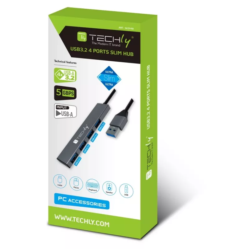 Techly IUSB32-HUB4A-4U3SL Docking station/replicador de puertos para portátil con cable USB 3.2 Gen 1 (3.1 Gen 1) Type-A gris