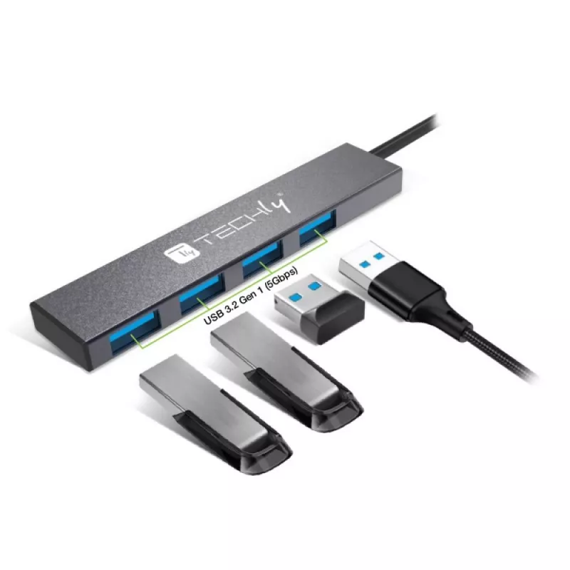 Techly IUSB32-HUB4A-4U3SL Docking station/replicador de puertos para portátil con cable USB 3.2 Gen 1 (3.1 Gen 1) Type-A gris