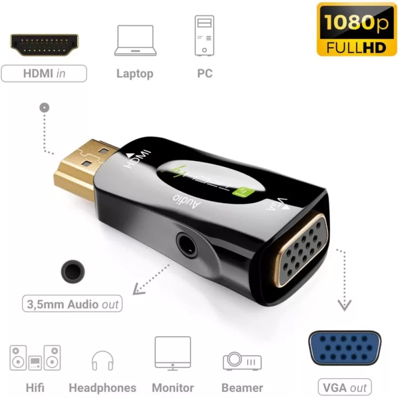 Techly IDATA HDMI-VGA2MABT2 Convertidor de señal de vídeo convertidor de vídeo pasivo 1920 x 1080 píxeles