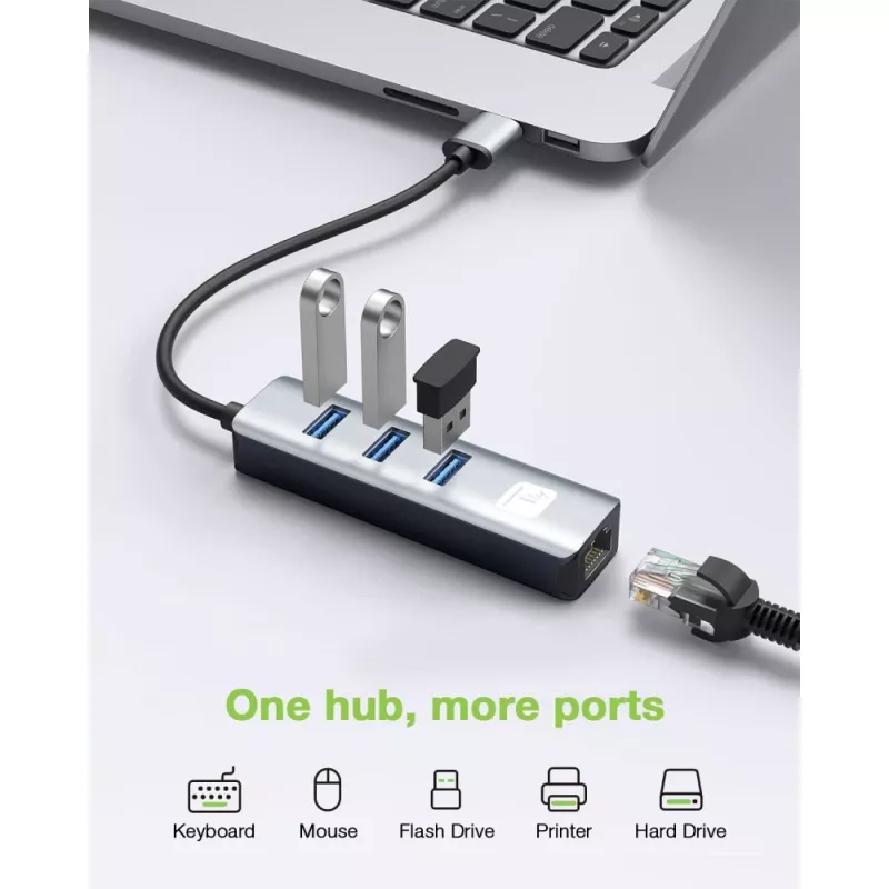 Techly IDATA USB-ETGIGA3AA Docking station/replicador de puertos para portátil con cable USB 3.2 Gen 1 (3.1 Gen 1) Type-A negro, plata