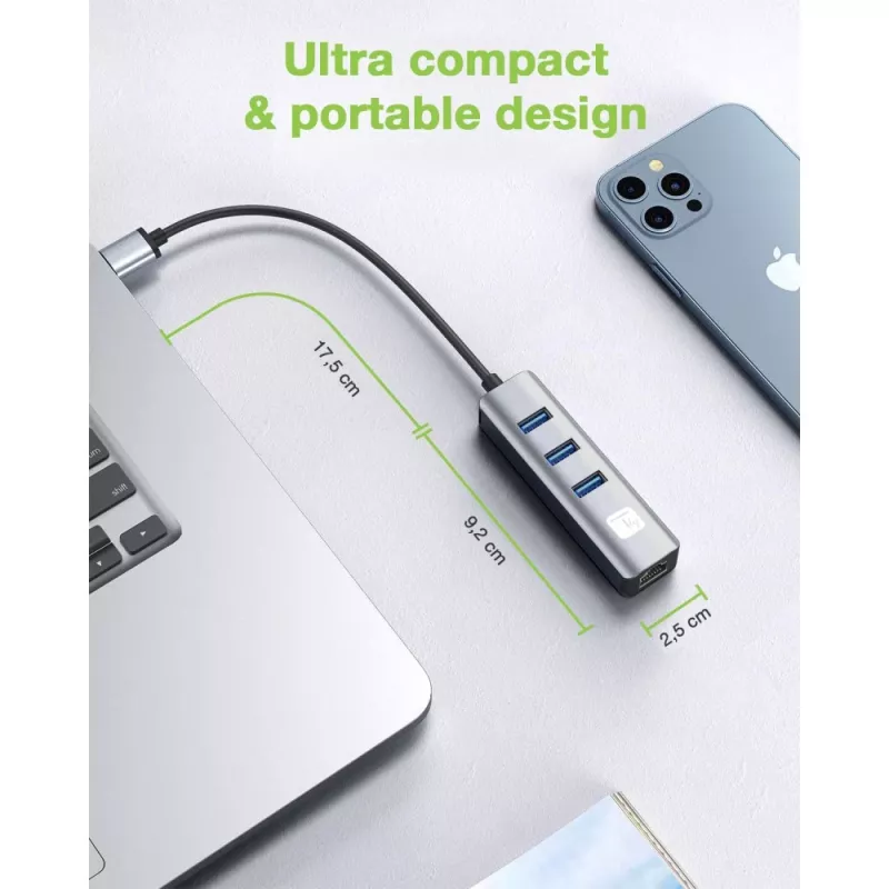 Techly IDATA USB-ETGIGA3AA Docking station/replicador de puertos para portátil con cable USB 3.2 Gen 1 (3.1 Gen 1) Type-A negro, plata