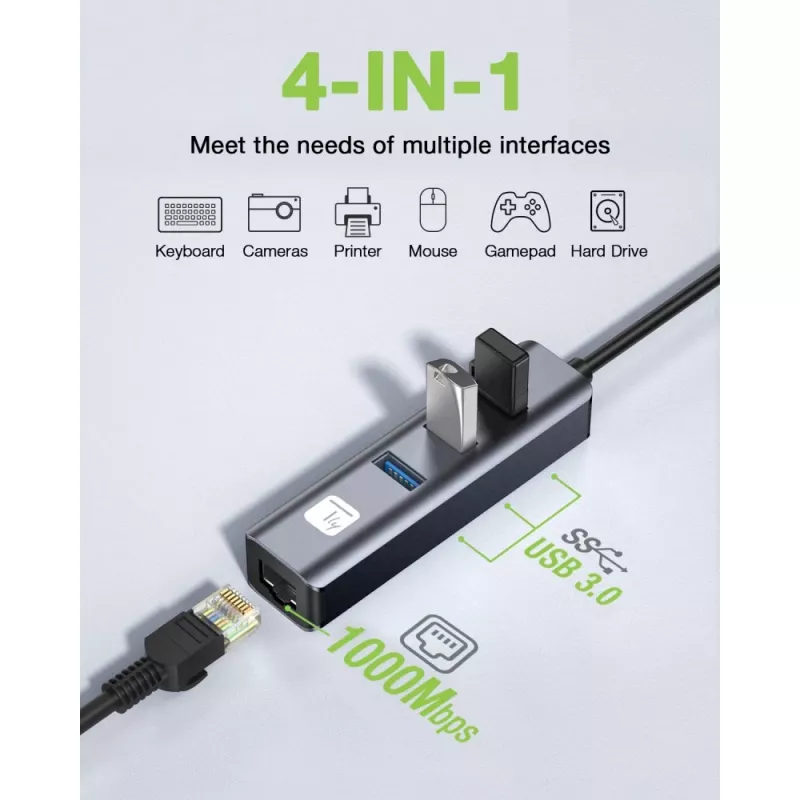 Techly IDATA USB-ETGIGA3AA Docking station/replicador de puertos para portátil con cable USB 3.2 Gen 1 (3.1 Gen 1) Type-A negro, plata