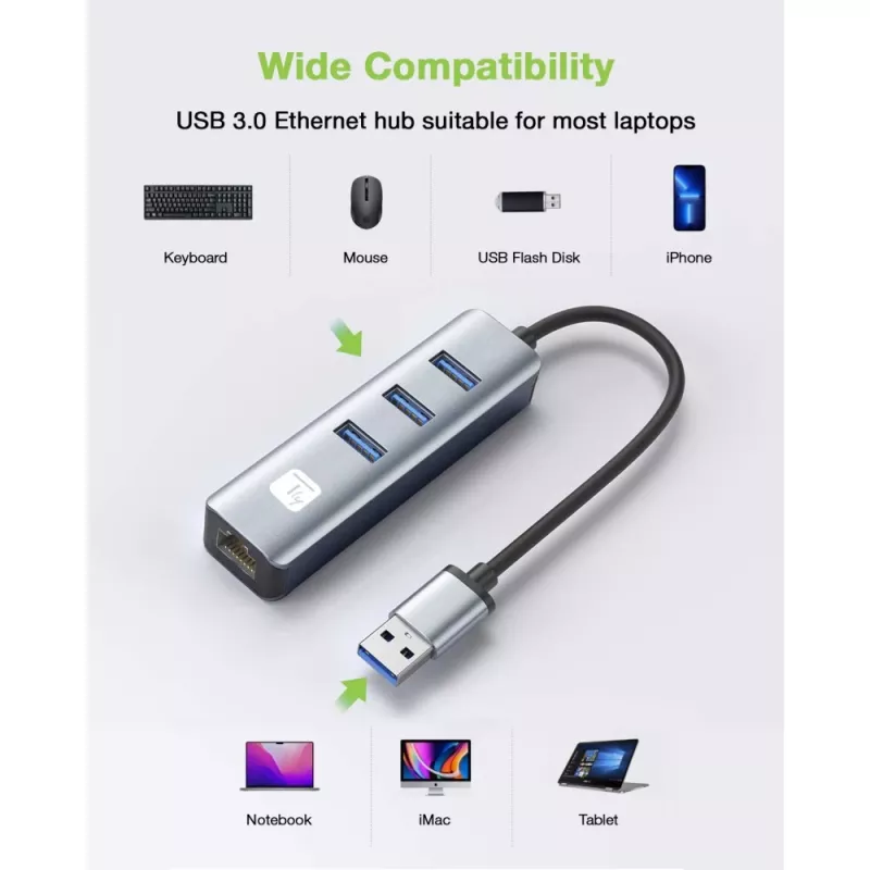Techly IDATA USB-ETGIGA3AA Docking station/replicador de puertos para portátil con cable USB 3.2 Gen 1 (3.1 Gen 1) Type-A negro, plata