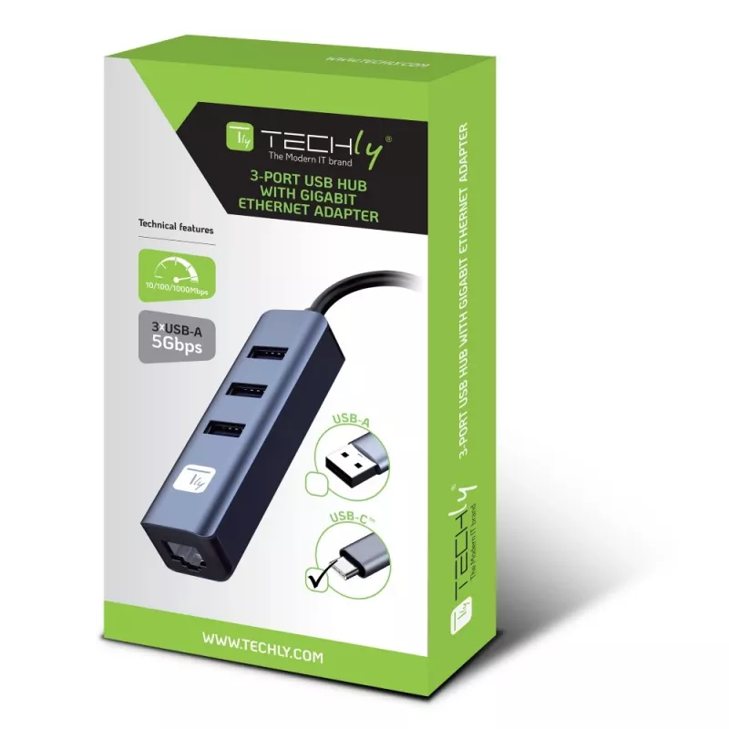 Techly IDATA USB-ETGIGA3CA Docking station/replicador de puertos para portátil con cable USB 3.2 Gen 1 (3.1 Gen 1) Type-A + Type-C negro, plata