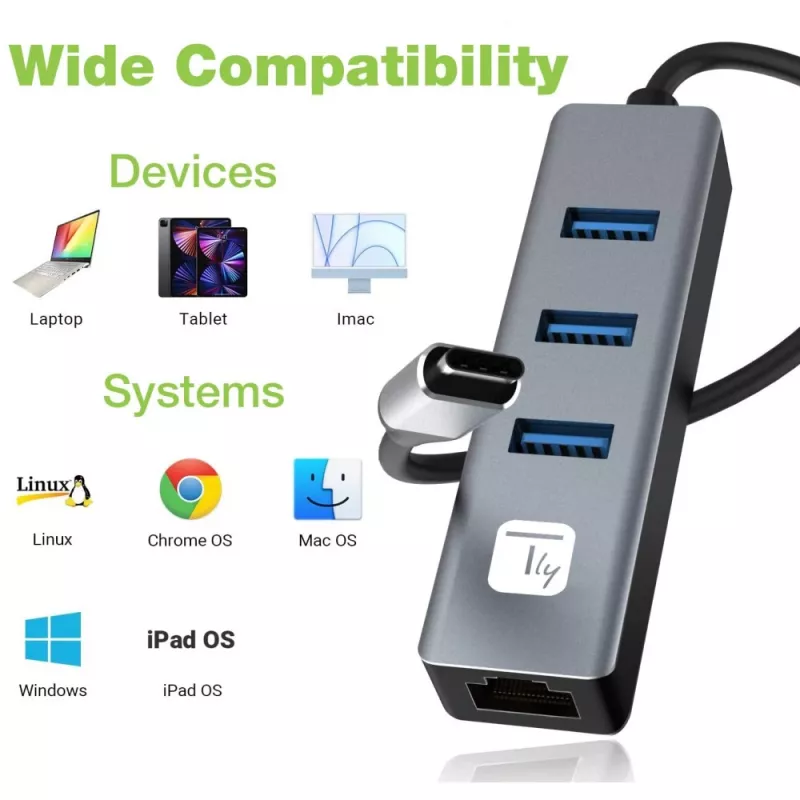 Techly IDATA USB-ETGIGA3CA Docking station/replicador de puertos para portátil con cable USB 3.2 Gen 1 (3.1 Gen 1) Type-A + Type-C negro, plata