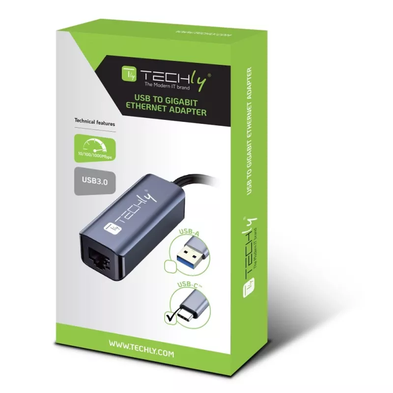 Techly IDATA USB-ETGIGA-CA Docking station/replicador de puertos para portátil con cable USB 3.2 Gen 1 (3.1 Gen 1) Type-C negro, plata