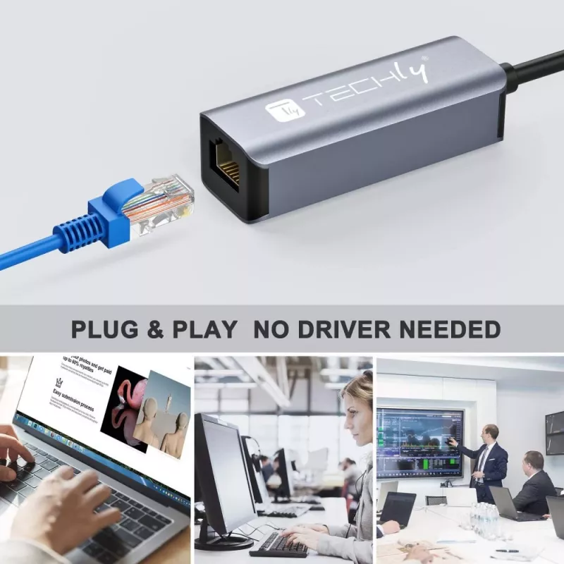 Techly IDATA USB-ETGIGA-CA Docking station/replicador de puertos para portátil con cable USB 3.2 Gen 1 (3.1 Gen 1) Type-C negro, plata