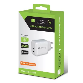Techly IPW-USB-2C35W Cargador para dispositivos móviles portátil, smartphone, tablet blanco AC interior carga rápida
