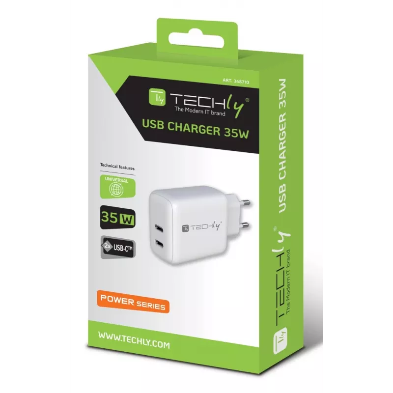 Techly IPW-USB-2C35W Cargador para dispositivos móviles portátil, smartphone, tablet blanco AC interior carga rápida