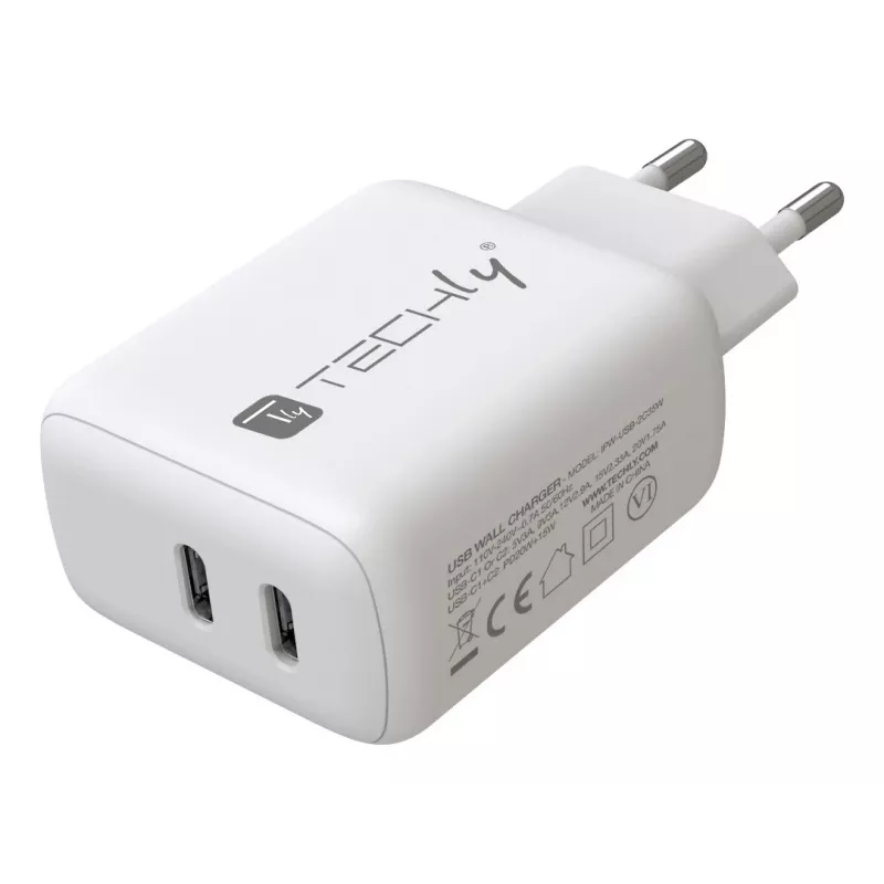Techly IPW-USB-2C35W Cargador para dispositivos móviles portátil, smartphone, tablet blanco AC interior carga rápida