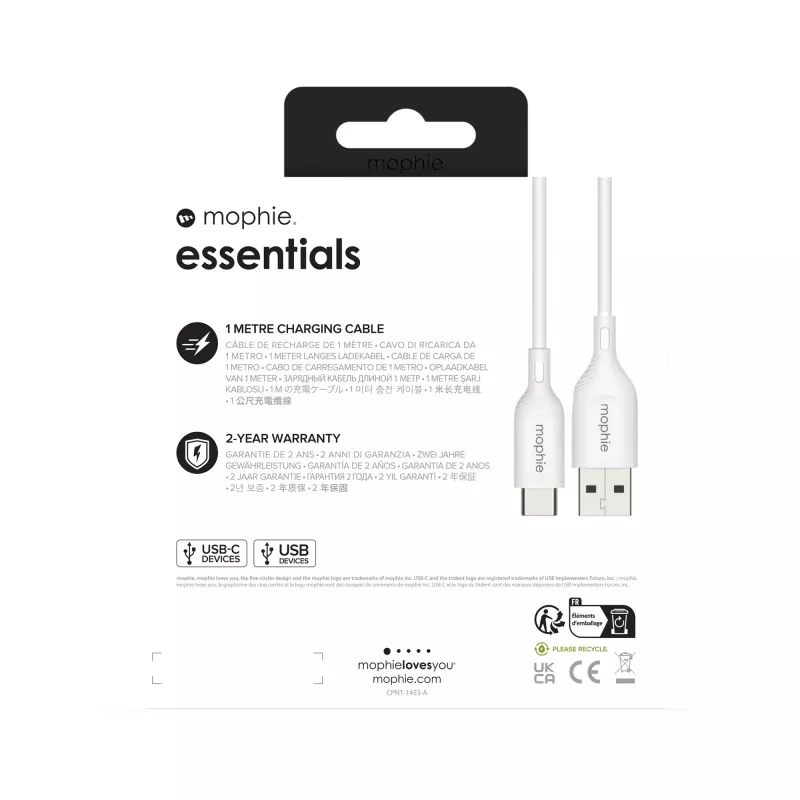mophie essentials cable de carga | 1M cable USB USB 2.0 USB A USB C blanco