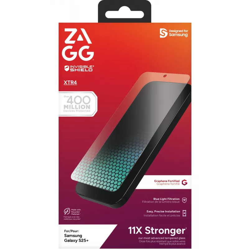 InvisibleShield Glass XTR4 Samsung Galaxy S25+ Protector de pantalla, Samsung, Galaxy S25+, Antibacteriano, Protección luz azul, Resistente a impactos, Antirrayaduras, Transparente, 1 ud.